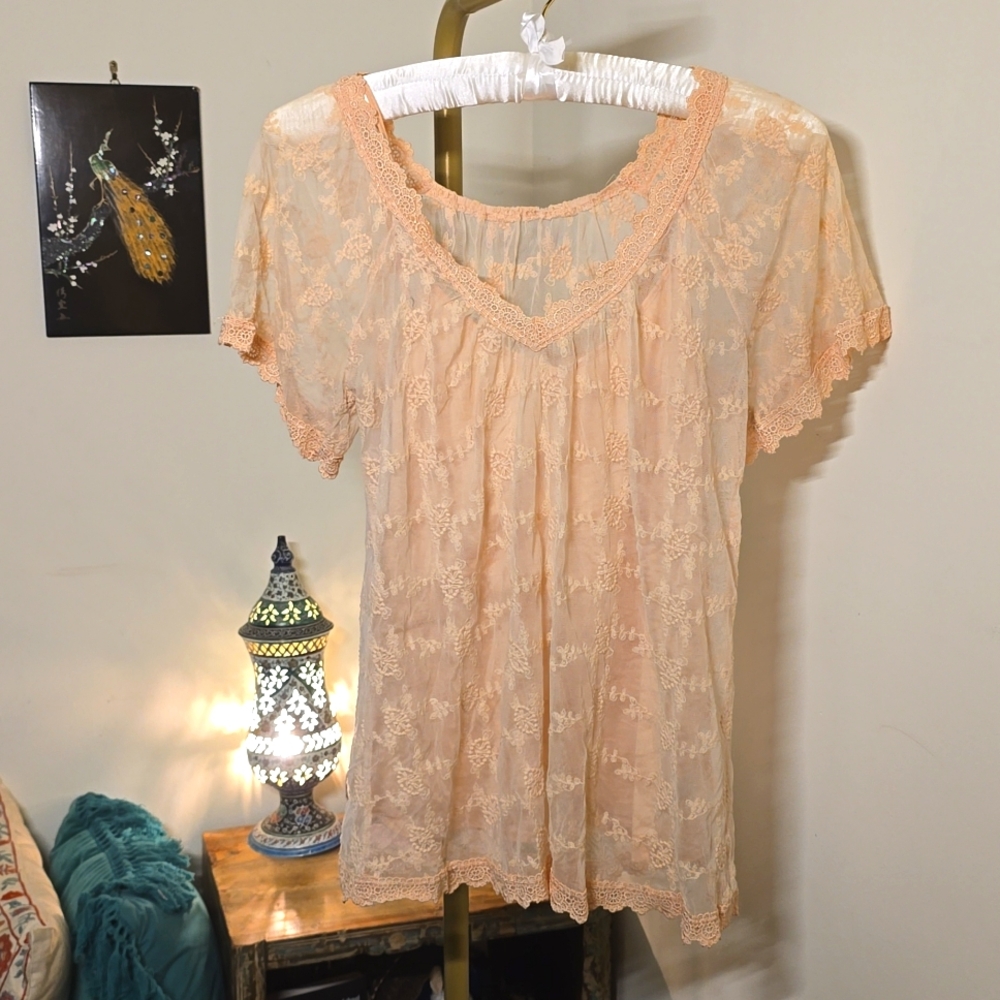 Romantic blush lace layered top